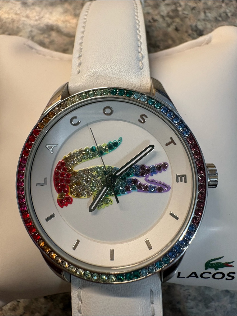 Lacoste White Leather Watch with Rainbow Crystal Croc